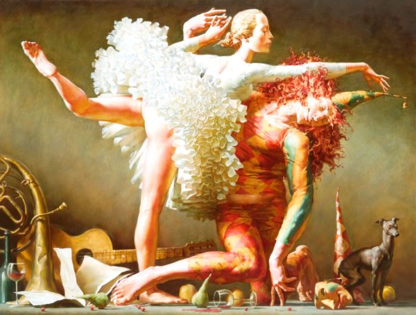 Alexej Ravski painting, ballerina in a tutu with a man with a cap on his head