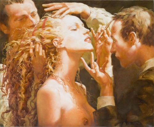 Alexej Ravski painting, make-up artist makes up a beautiful blonde