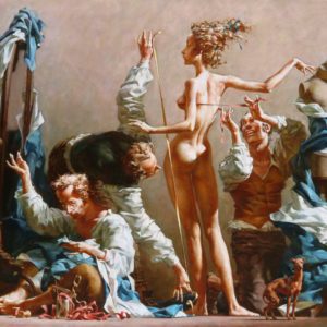 Alexej Ravski painting, woman in a couturier salon surrounded by four men, against the background of blue fabrics