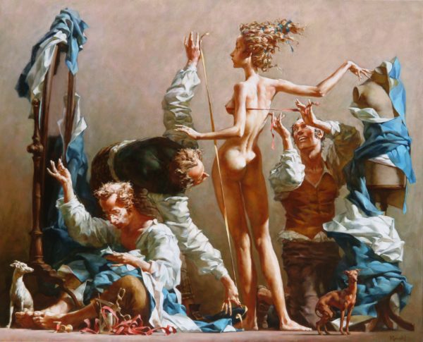 Alexej Ravski painting, woman in a couturier salon surrounded by four men, against the background of blue fabrics