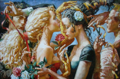 Alexej Ravski painting painting depicting two women with ribbons in their hair and with roses in their hands