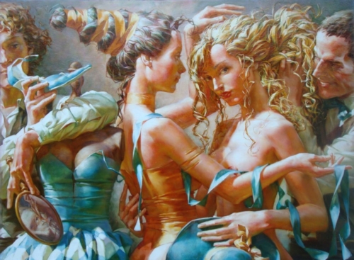 Alexej Ravski painting depicting two women (brunette and blonde) with blue ribbons