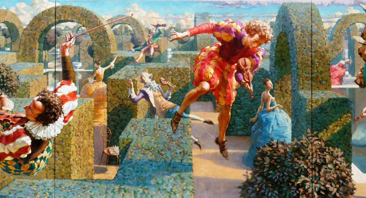 Alexej Ravski painting, flying musicians in the magic garden labyrinth