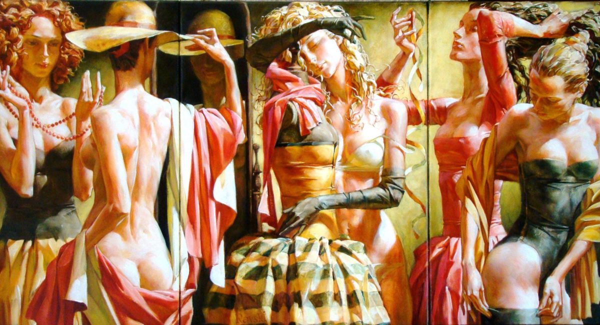 Alexej Ravski painting, women trying on hats